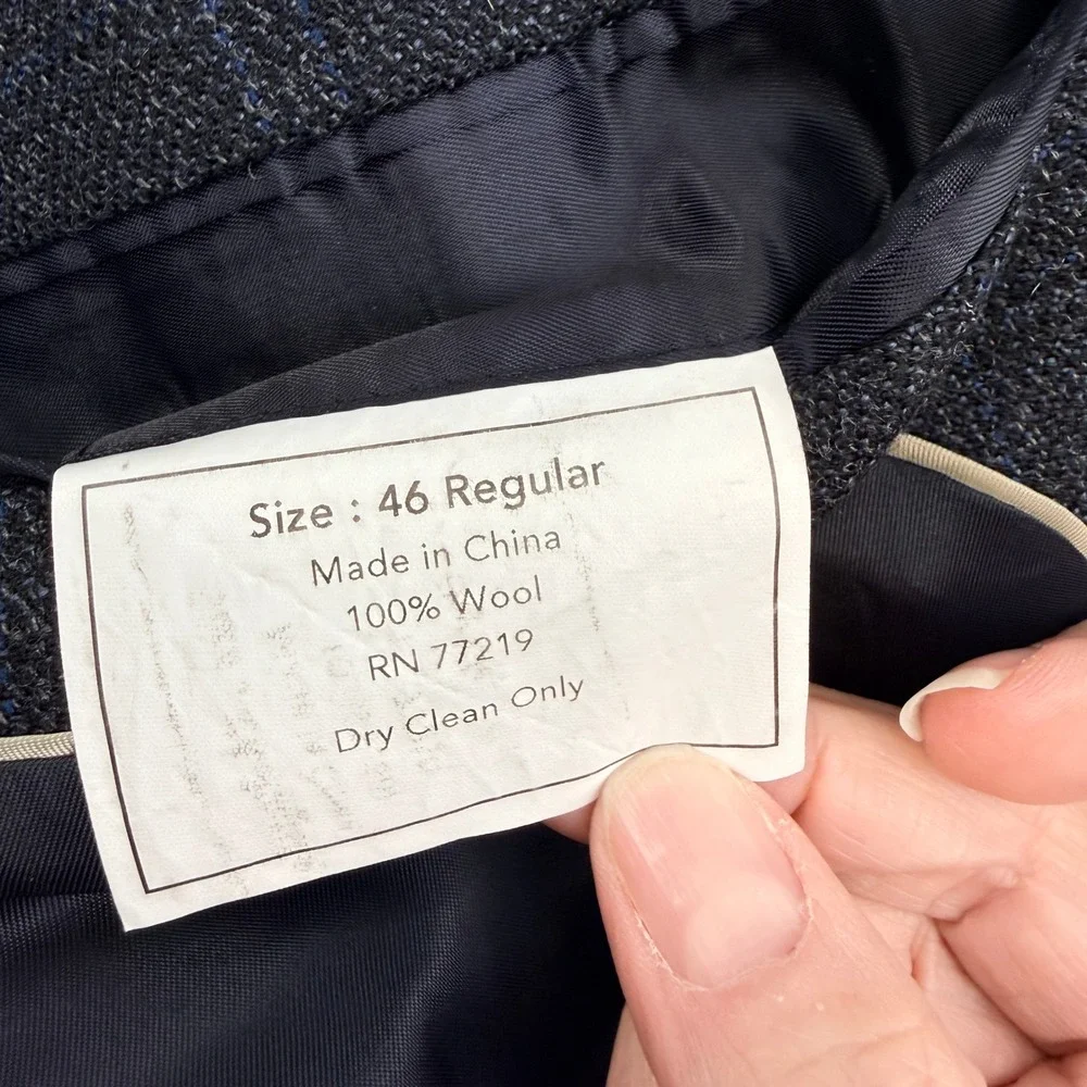 Joseph & Feiss Gold Mens 46R Blazer Jacket 100% Wool Gray Blue Plaid‎ 2-Button